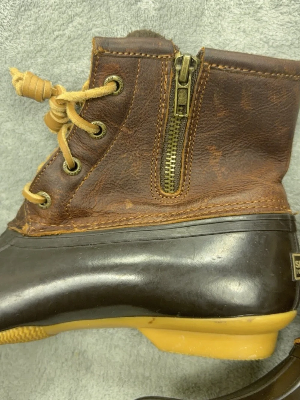 Sperry Saltwater Boots Women 7 Black Brown Leather Rubber Sole Lined Boating
